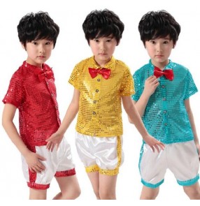 Blue white yellow silver black white silver black patchwork sequined boys kids child children jazz dance costumes dance clothes outfits hip hop play clothes 